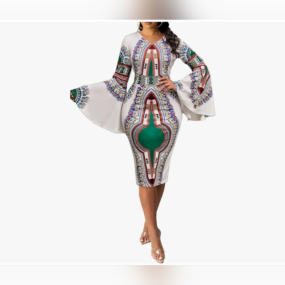 Women Sexy Dresses Bodycon Church 3/4 Sleeve African Print Pencil Party Office D